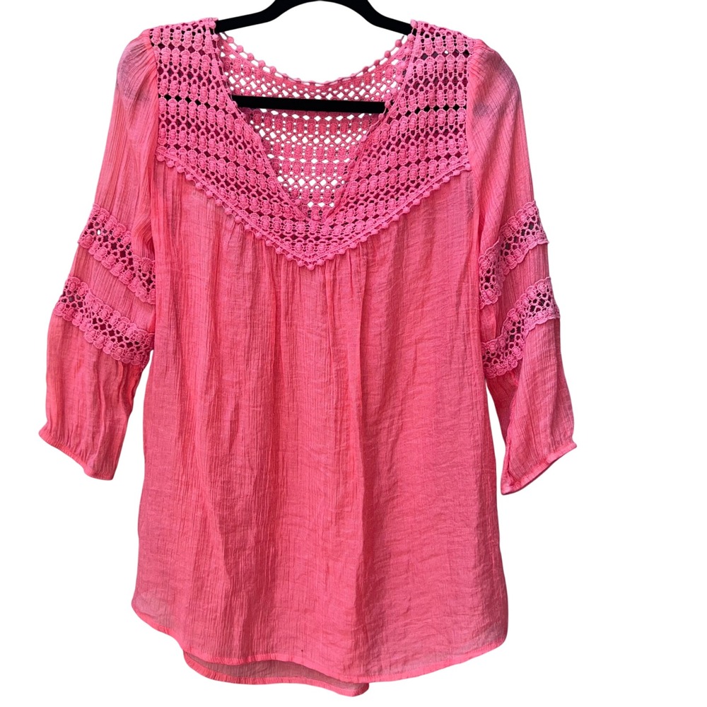 Maurices Coral Crochet Lace Yoke V-Neck Crinkle Blouse 3/4 sleeves Boho Peasant
